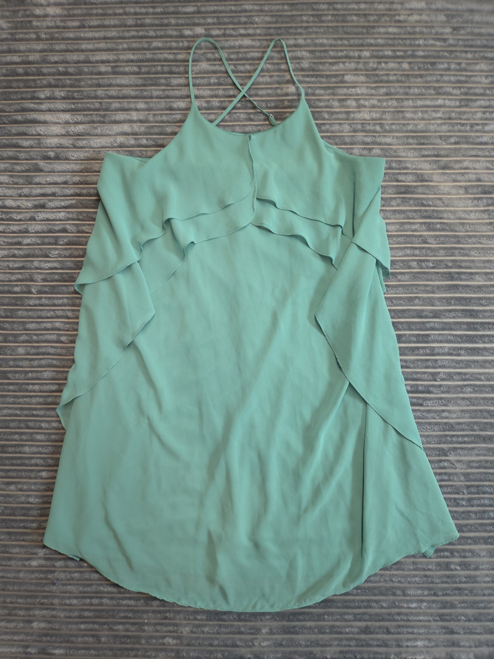 BCBGMaxAzria Mint Green Layered Ruffle Mini Dress with Crisscross Straps